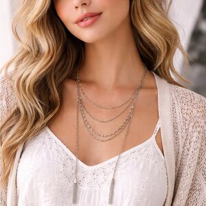 Layered Silver Chain Necklace w/ Beads & Tassels 22”